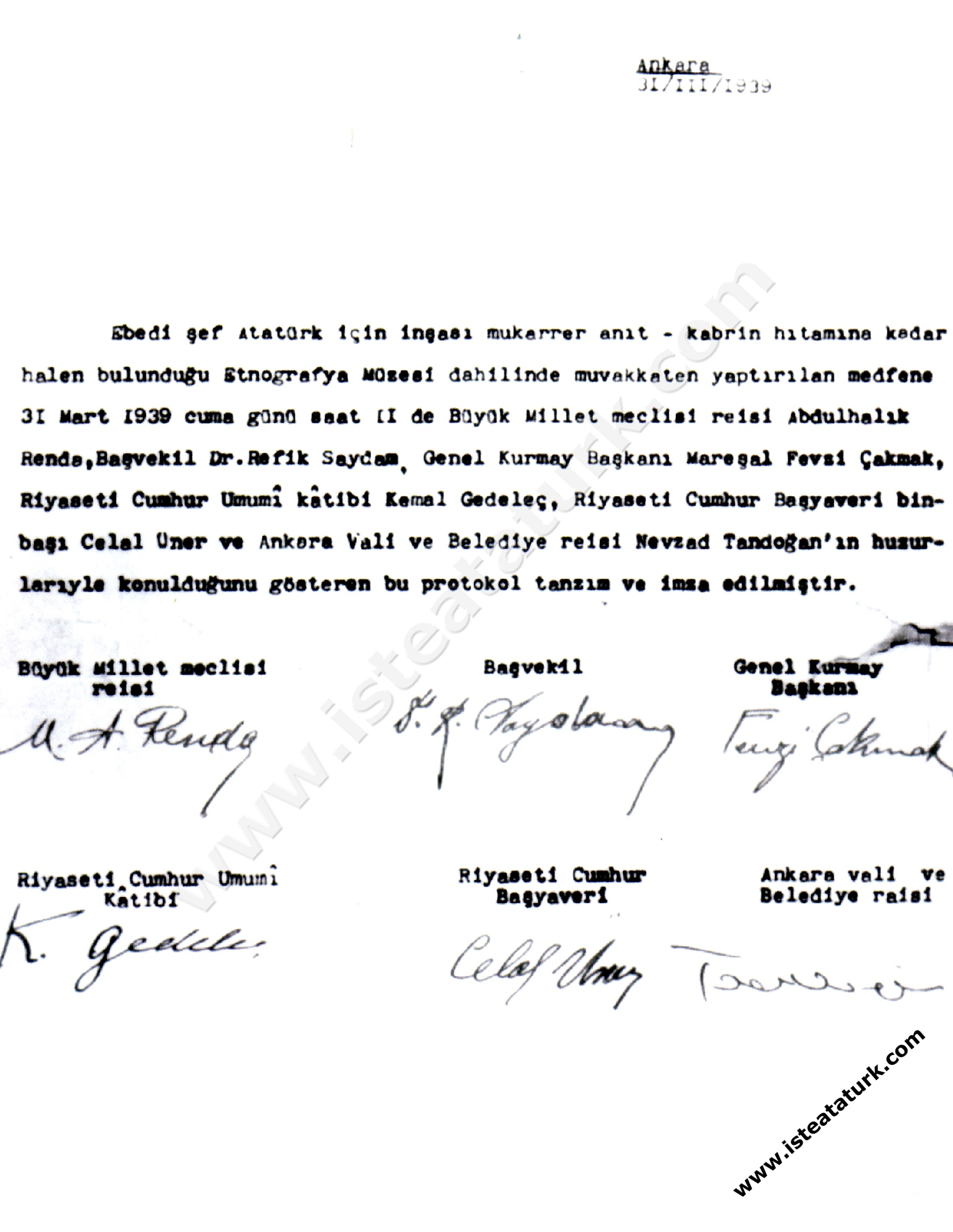 Anıtkabir'in inşaasına dair 31 Mart 1939 tarihli protokol.
